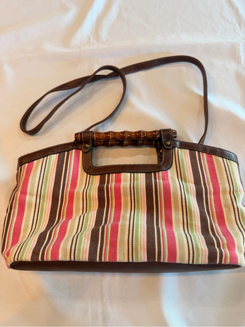 Vintage Striped Canvas Colorful Tote with Bamboo Top Handle & Crossbody Strap